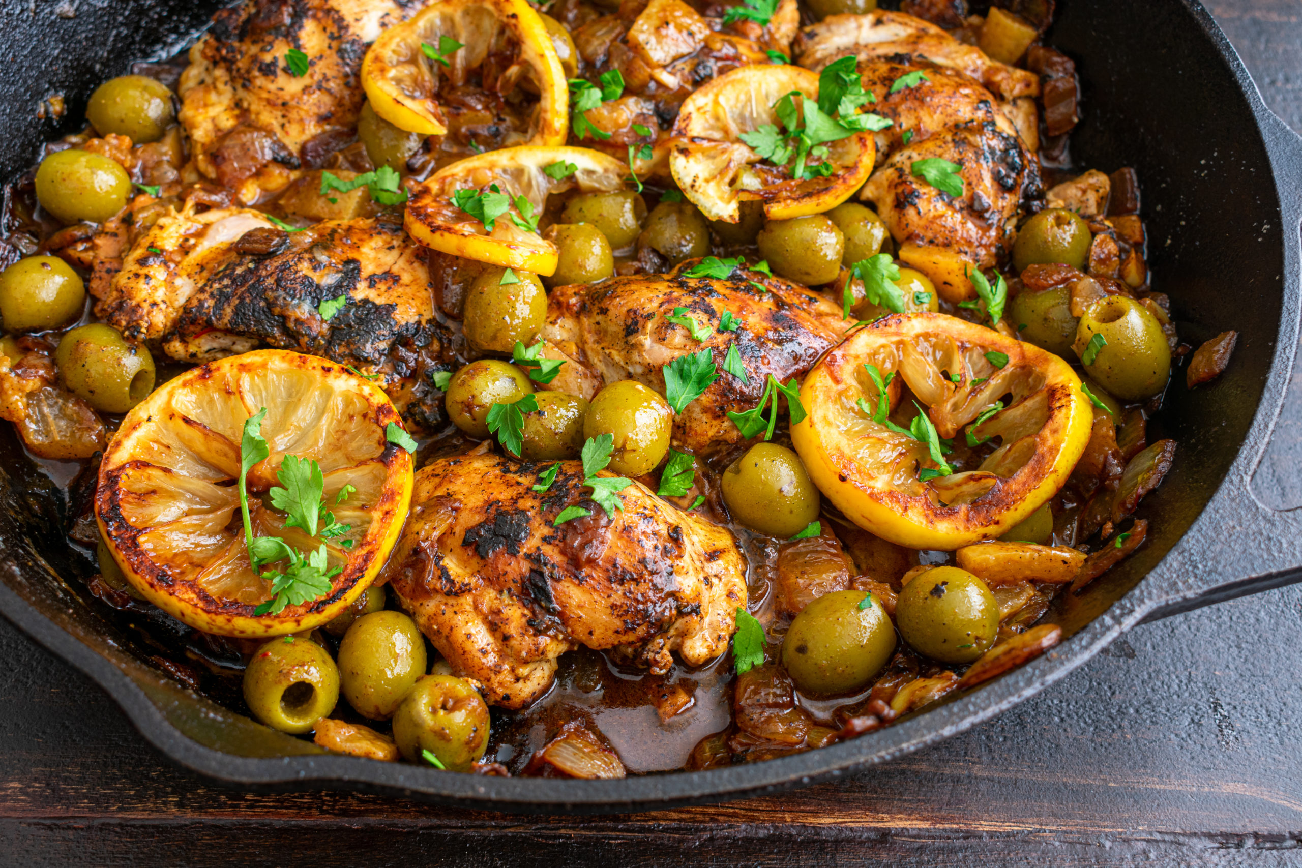 Moroccan Lemon Olive Chicken: Chicken thighs, olives, and lemons