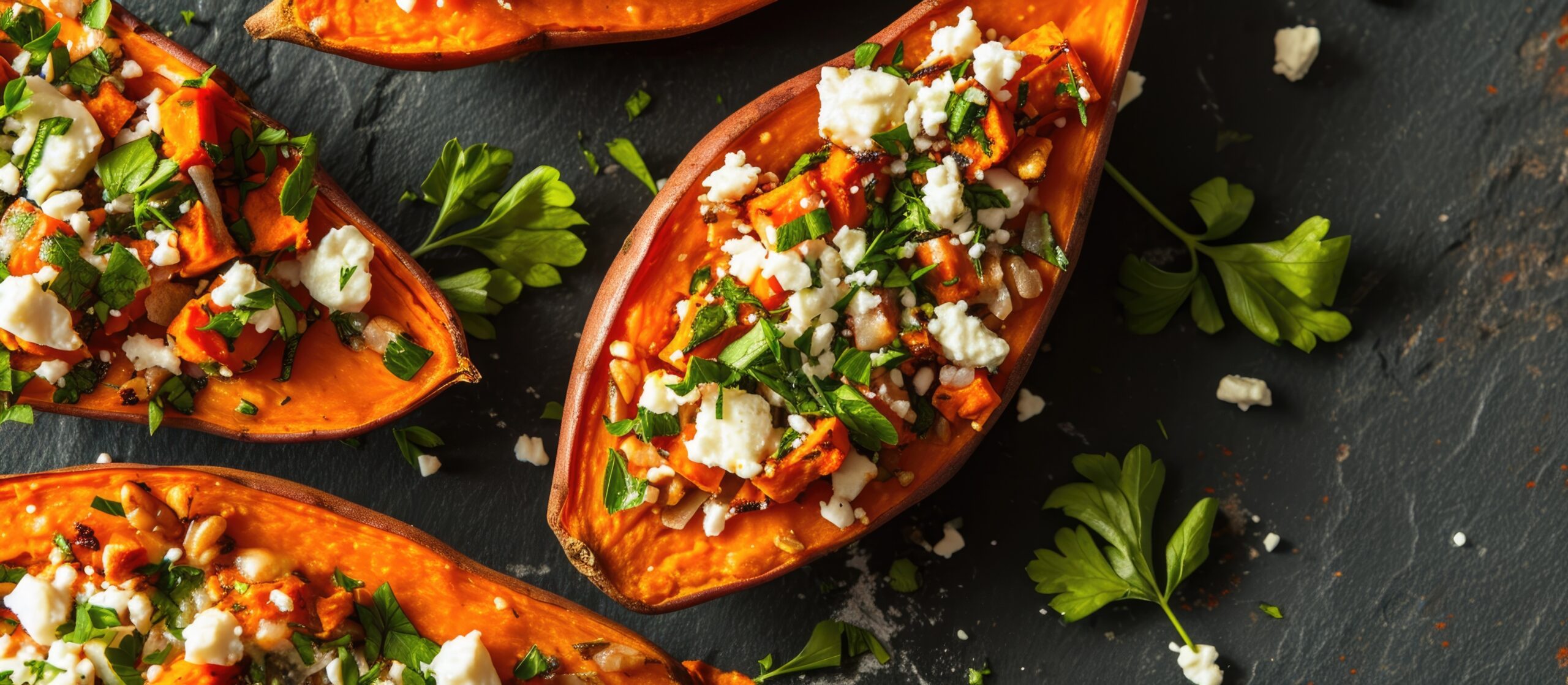 Closeup overhead view of baked sweet potatoes stuffed with feta and parsley.