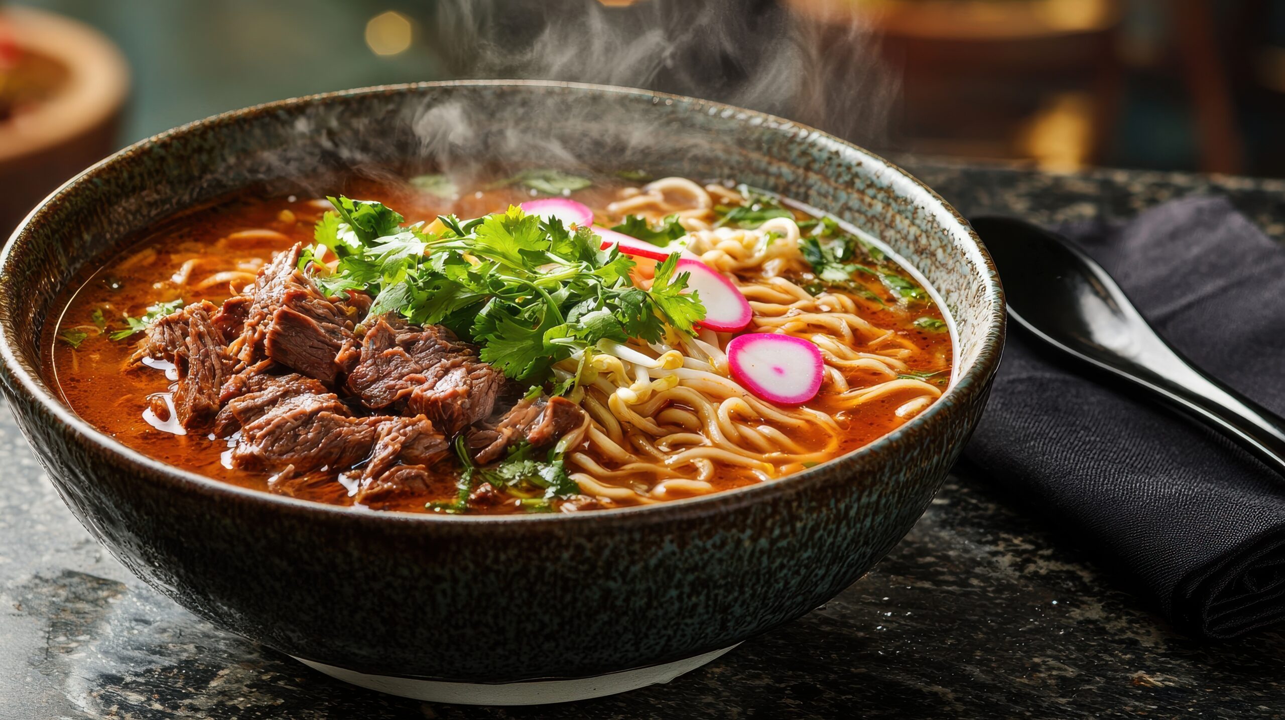 Authentic birria ramen bowl with tender shredded beef, fresh cilantro, sliced radishes and curly noodles in rich spiced broth at upscale restaurant