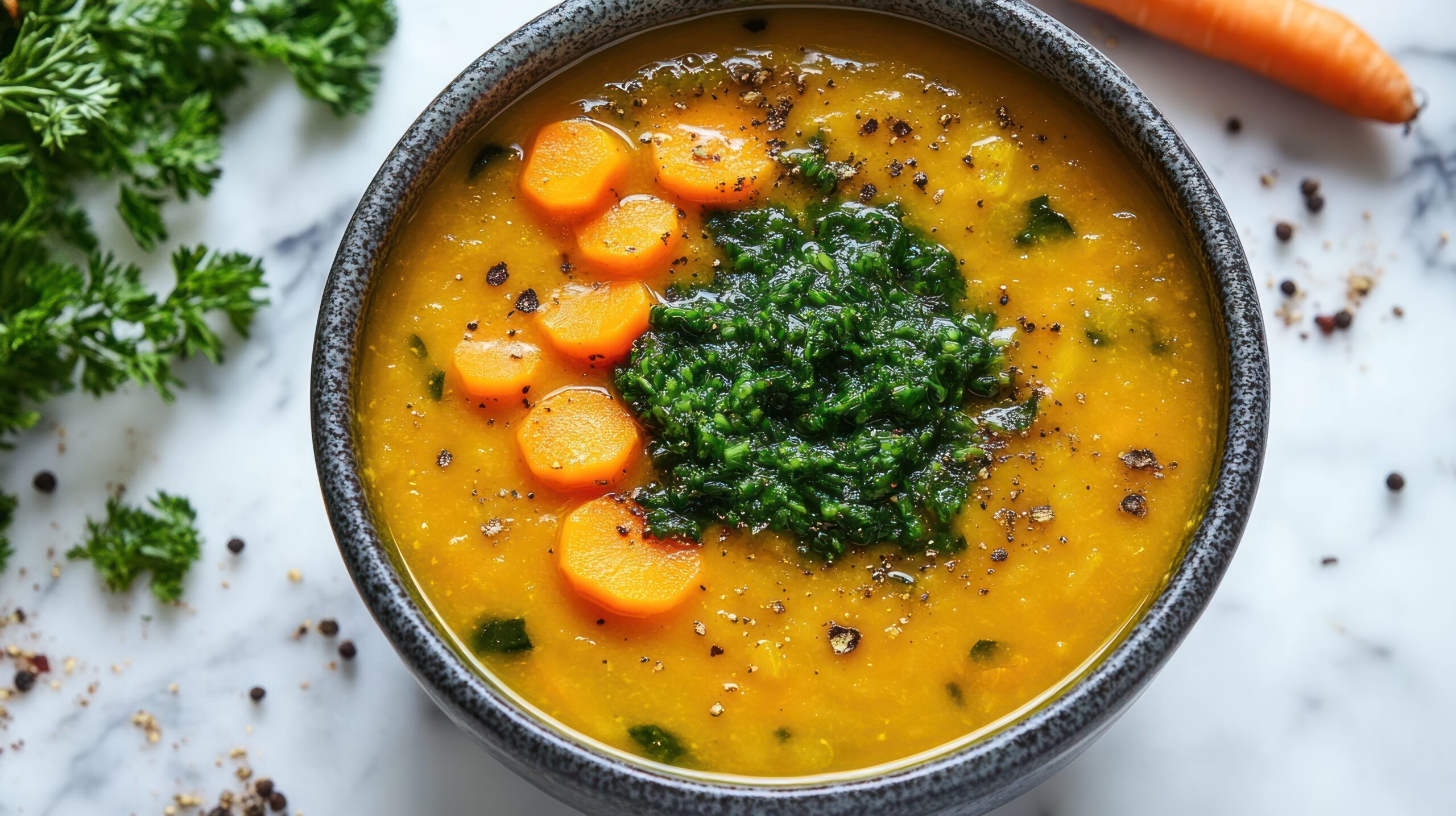 Creamy Carrot and Spinach Soup with Fresh Herbs and Seasoning in a Rustic Bowl