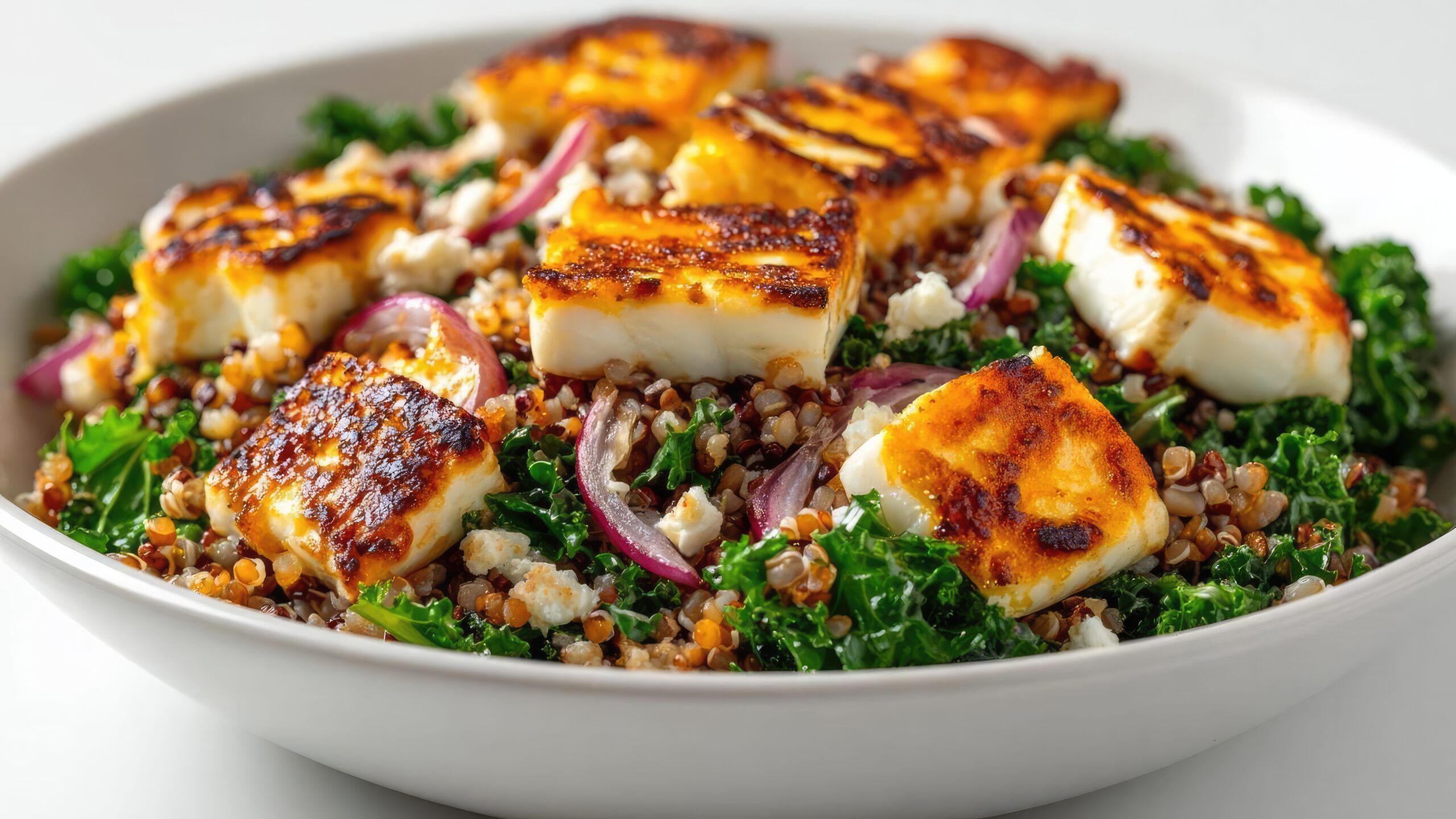 Grilled halloumi cubes on a kale, lentil and quinoa salad with red onion and feta crumbles Concept Grilled halloumi, Kale and quinoa salad, Lentils, Red onion, Feta crumbles