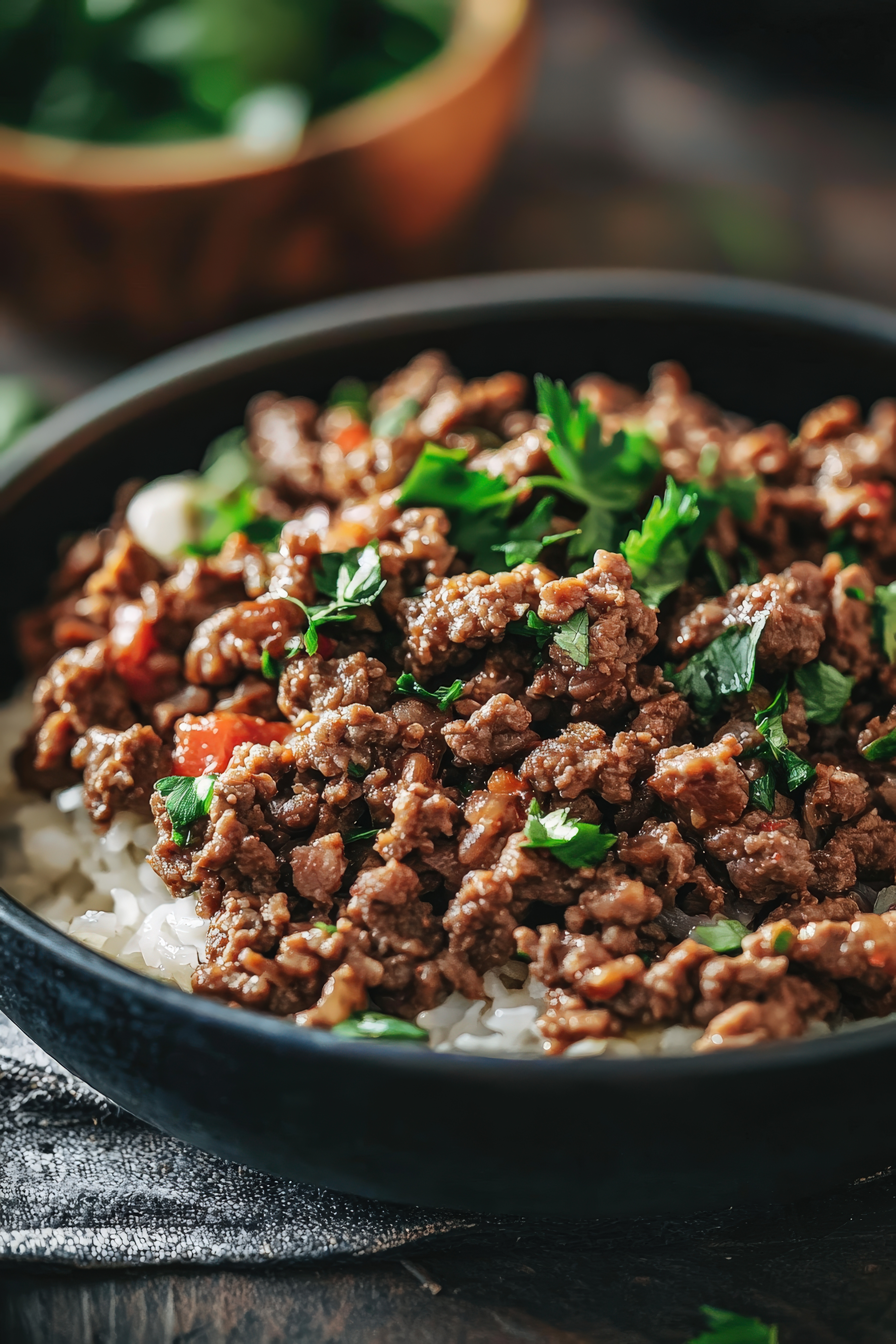 Delicious Mongolian Ground Beef Served on Rice with Fresh Herbs and a Soft Focus Cafe Background Perfect for Culinary and Food Photography