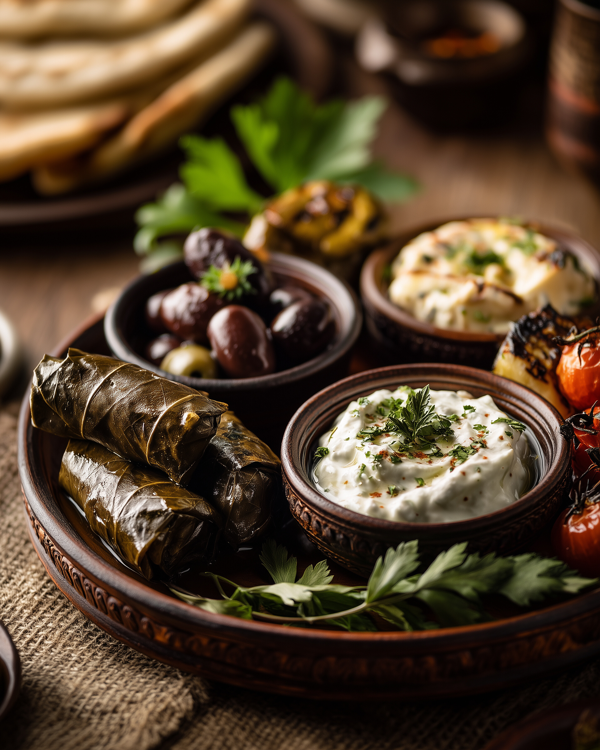 Close-up of a meze selection featuring dolmas, tzatziki, marinated olives, and grilled vegetables
