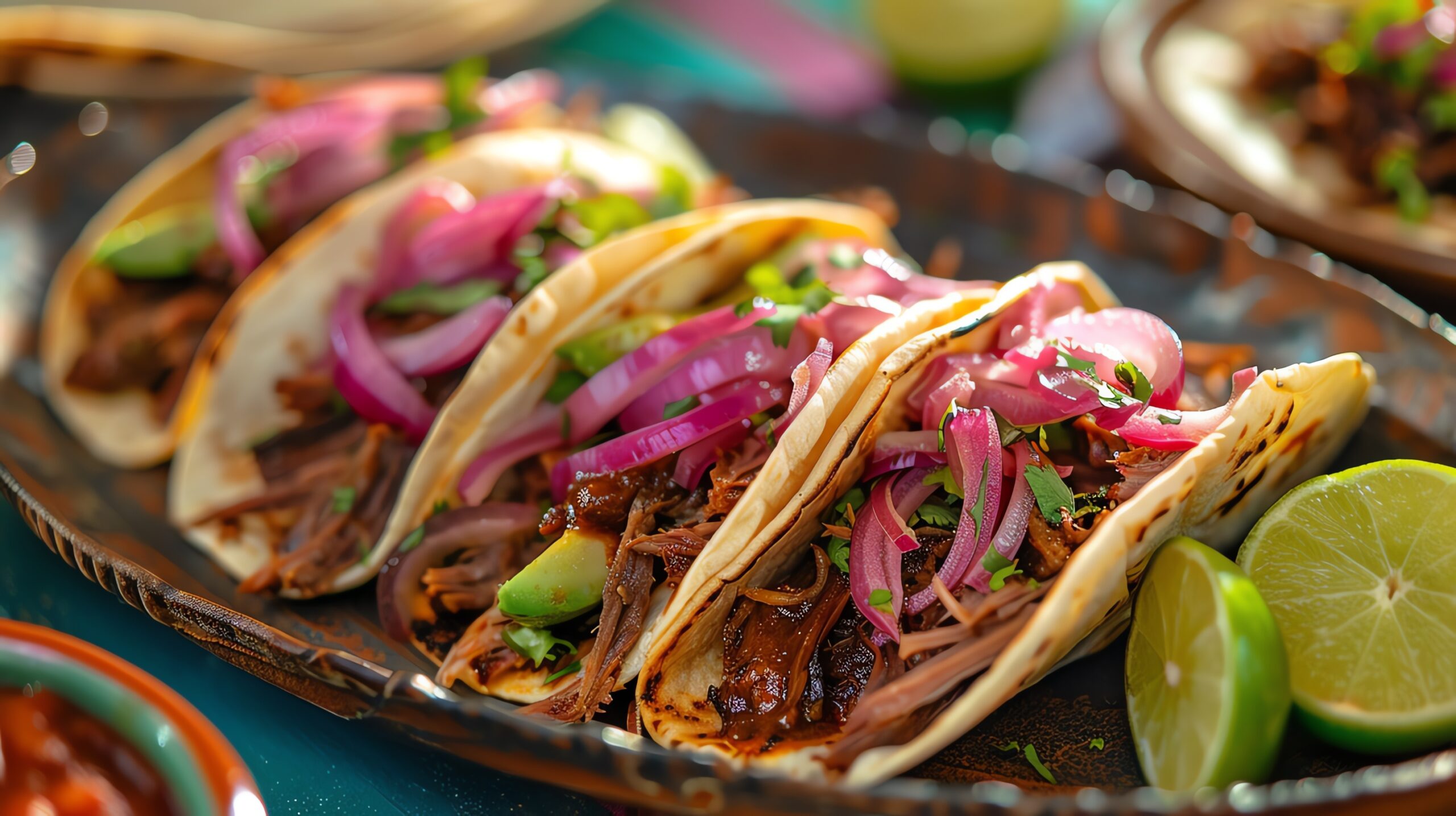 BBQ brisket tacos with avocado, pickled red onions, and a squeeze of lime, captured in a festive setting